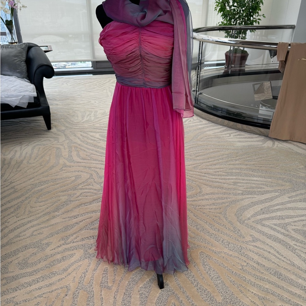 💕 Soo Yung Lee Vintage Silk Pink Ombré Spaghetti strap Ruched Gown with scarf - Picture 1 of 6